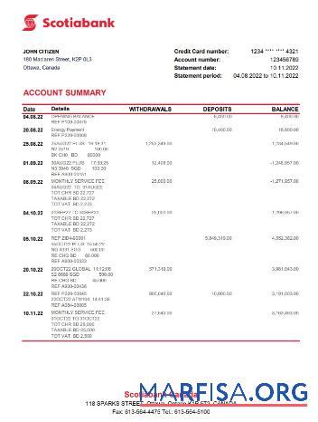 Realistic Canada Scotiabank bank statement excel example